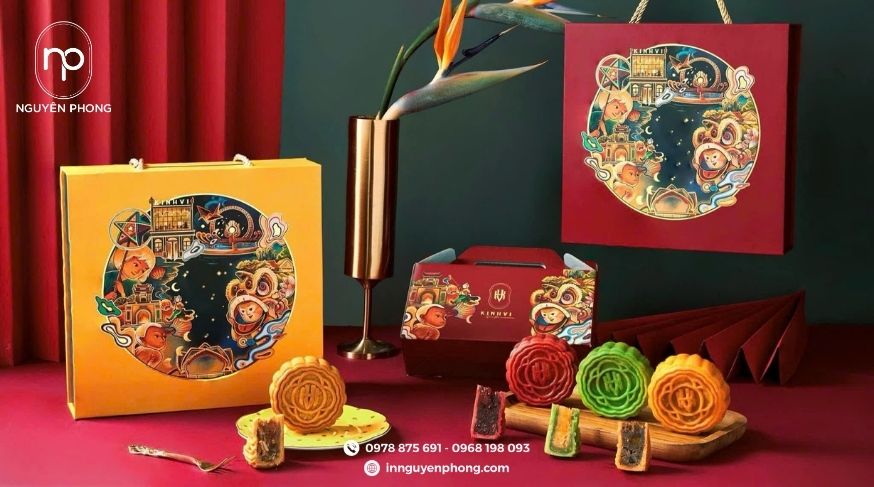 Mẫu hộp cứng đựng bánh trung thu kết hợp quai cầm 